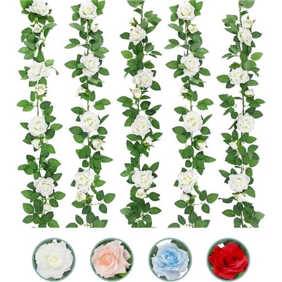5Pcs 32.5FT White Flower Rose Garland Fake Vines Faux Artificial Floral Garland - Picture 1 of 6